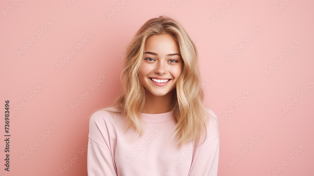 Smiling girl in white t-shirt on pink background mockup. Beautiful happy woman model looking at camera Smiling girl in white t-shirt on pink background mockup. Beautiful happy woman model looking at camera