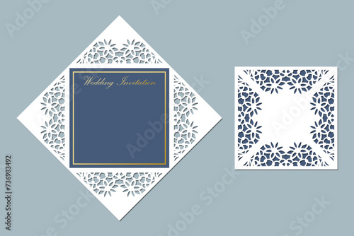 Lace wedding invitation, Laser cut Paper cut template.