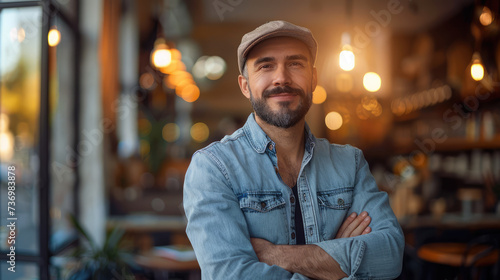 Confident male entrepreneur standing with crossed arms in his cozy cafe, adorned with warm lighting © Александр Марченко