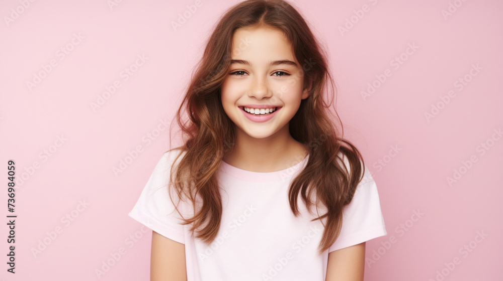 Smiling girl in white t-shirt on pink background mockup. Beautiful happy woman model looking at camera Smiling girl in white t-shirt on pink background mockup. Beautiful happy woman model looking at camera
