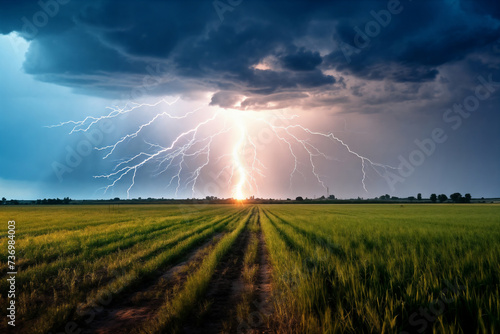 a large field with a dirt road and a lightning bolt in the sky above it and a field of grass, generative ai