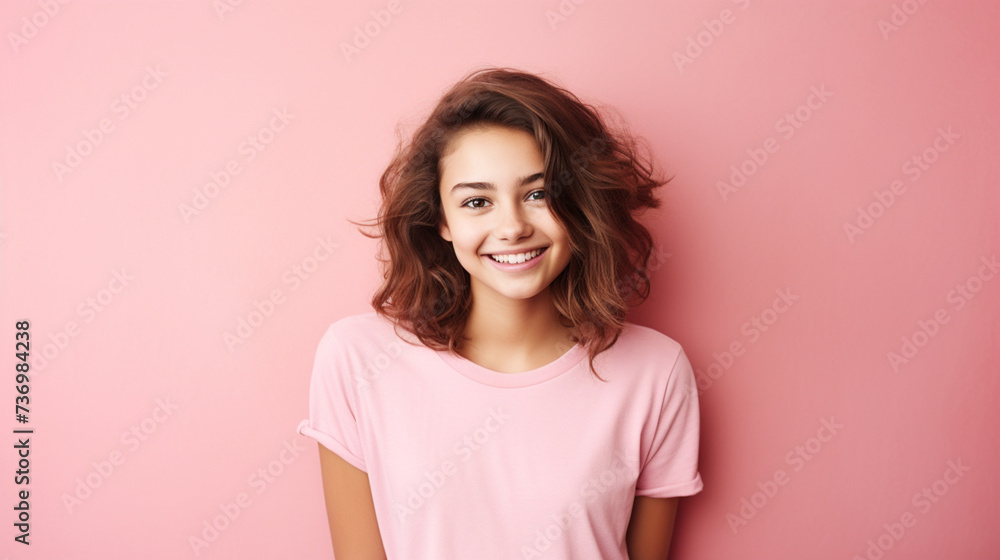 Smiling girl in white t-shirt on pink background mockup. Beautiful happy woman model looking at camera Smiling girl in white t-shirt on pink background mockup. Beautiful happy woman model looking at camera