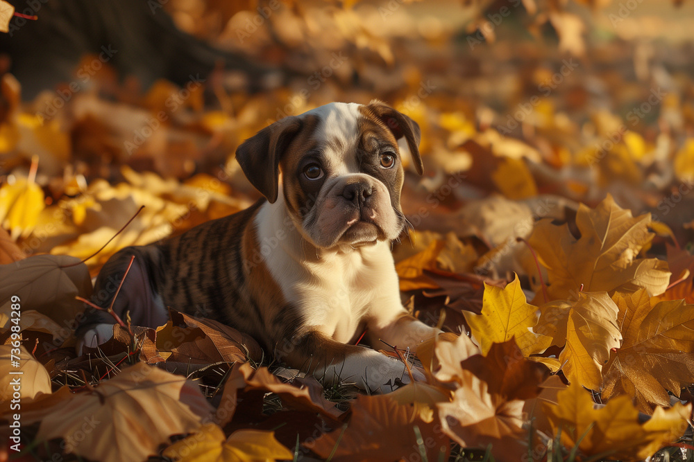 Olde English Bulldogge puppy in autumn leaves.AI generated