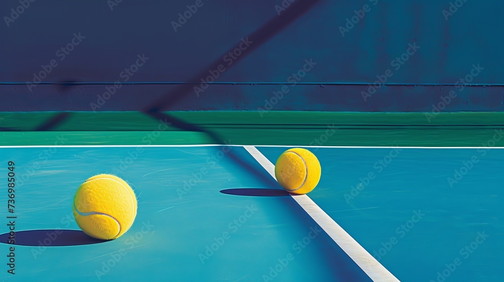Yellow tennis balls in front of the blue line on the tennis court