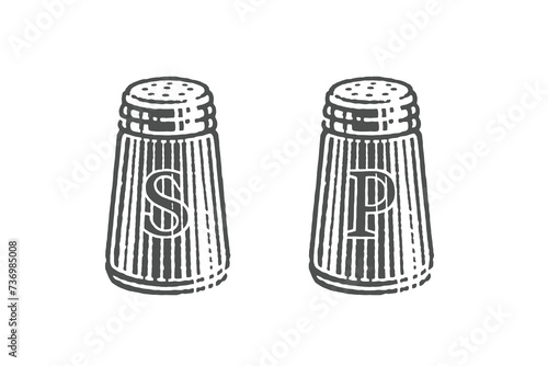 Pepper and Salt Shaker . Hand drawn engraving style illustrations. Vector illustration.