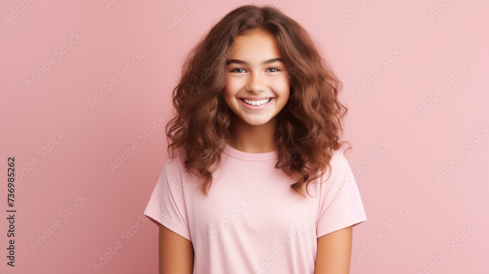 Smiling girl in white t-shirt on pink background mockup. Beautiful happy woman model looking at camera Smiling girl in white t-shirt on pink background mockup. Beautiful happy woman model looking at camera