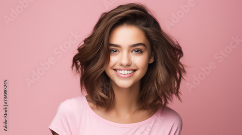 Smiling girl in white t-shirt on pink background mockup. Beautiful happy woman model looking at camera