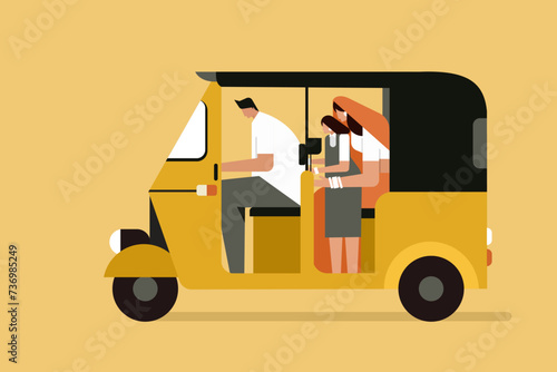 Illustration of an Indian family travelling in a three wheeler auto rickshaw