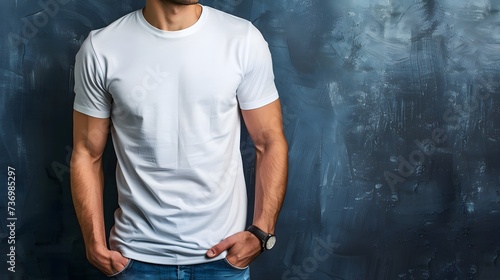 Men's White Short Sleeve Round Neck T-Shirt Mockup It is a useful tool for clothing designers to help visualize T-shirts before actual production Save time and money and makes it easier to decide. photo