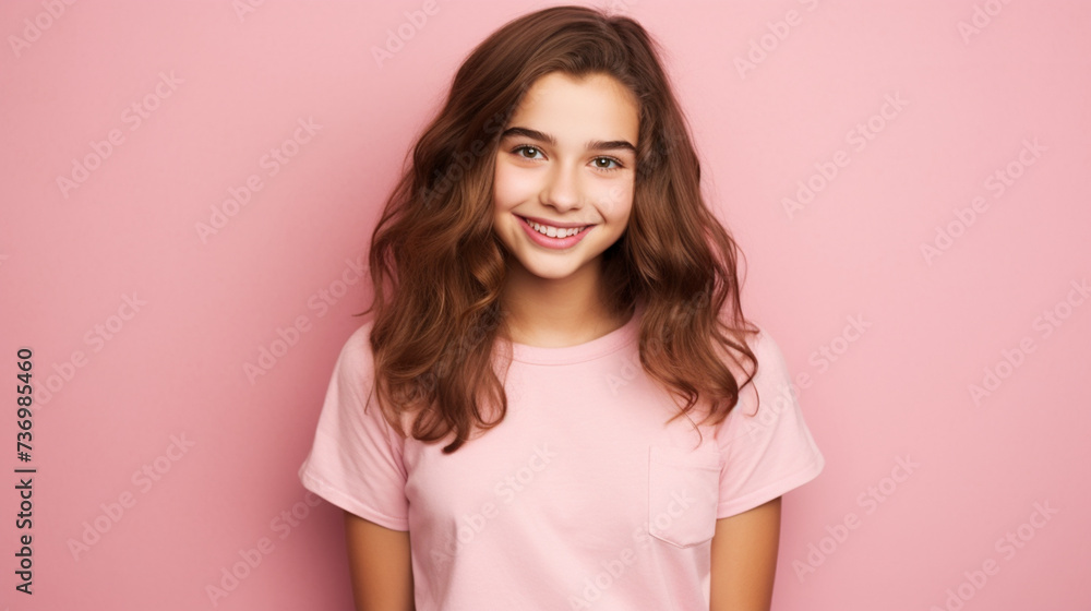 Smiling girl in white t-shirt on pink background mockup. Beautiful happy woman model looking at camera Smiling girl in white t-shirt on pink background mockup. Beautiful happy woman model looking at camera