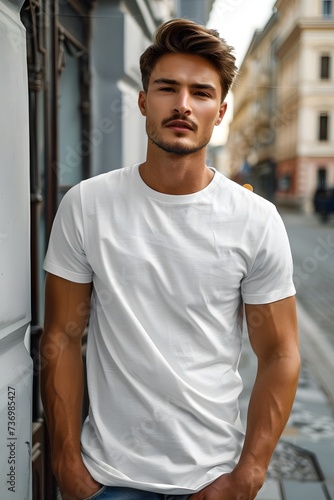 Men's White Short Sleeve Round Neck T-Shirt Mockup It is a useful tool for clothing designers to help visualize T-shirts before actual production Save time and money and makes it easier to decide.