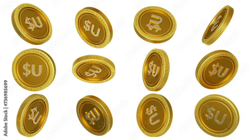 3D rendering of set of abstract golden Uruguayan peso coins concept in different angles. Peso Uruguayo sign on golden coin isolated on transparent background