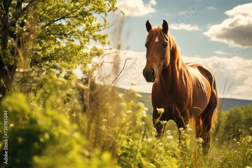 Horse Standing in Field of Tall Grass