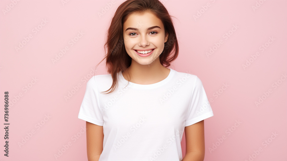 Fototapeta premium Smiling girl in white t-shirt on pink background mockup. Beautiful happy woman model looking at camera