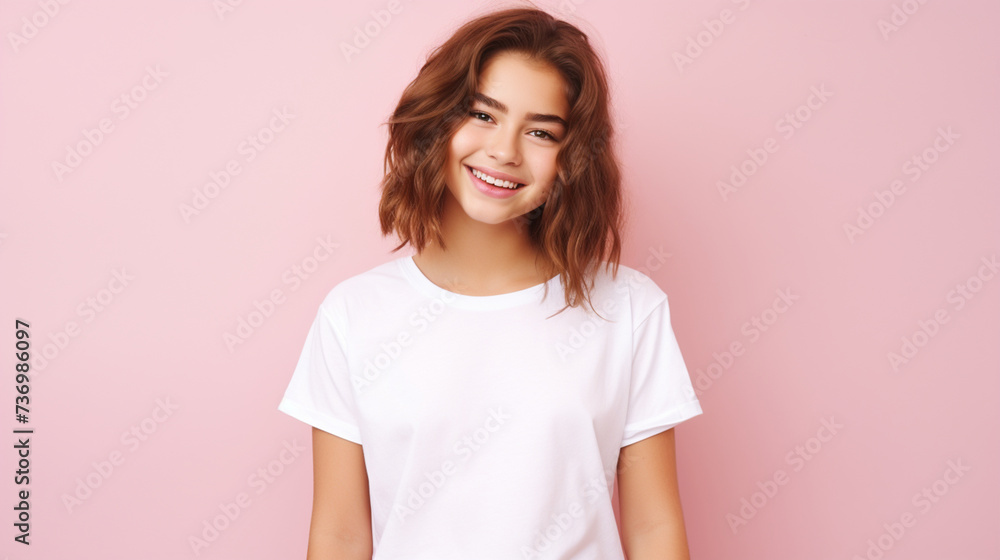 Smiling girl in white t-shirt on pink background mockup. Beautiful happy woman model looking at camera Smiling girl in white t-shirt on pink background mockup. Beautiful happy woman model looking at camera