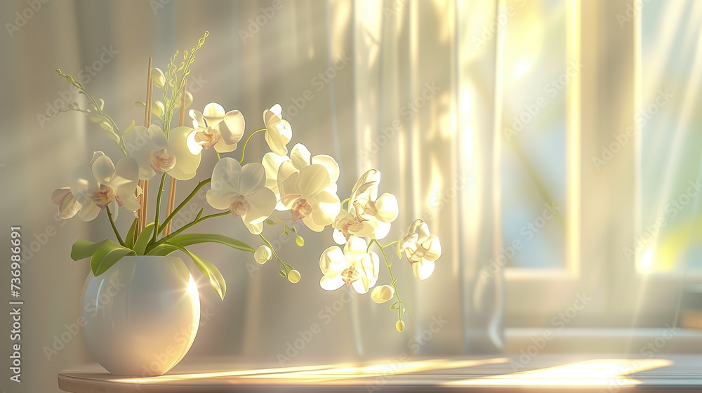 vase with orchid flowers on white table near window indoors. vases of flowers on window sill vase with orchid flowers on white table near window indoors. vases of flowers on window sill