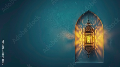 Islamic design greeting card background mosque window with lantern. eid al fitr background