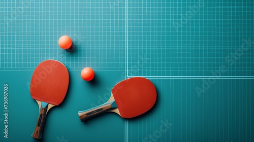 Orange ball for table tennis and two wooden rackets of red and black color on a blue table with a grid, top view