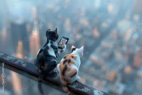 二匹の猫とスマホと都会の風景（3D） 