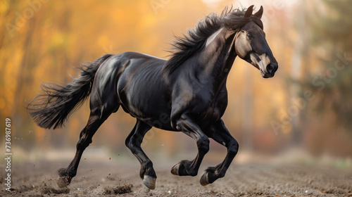 Black Horse Galloping Through Field