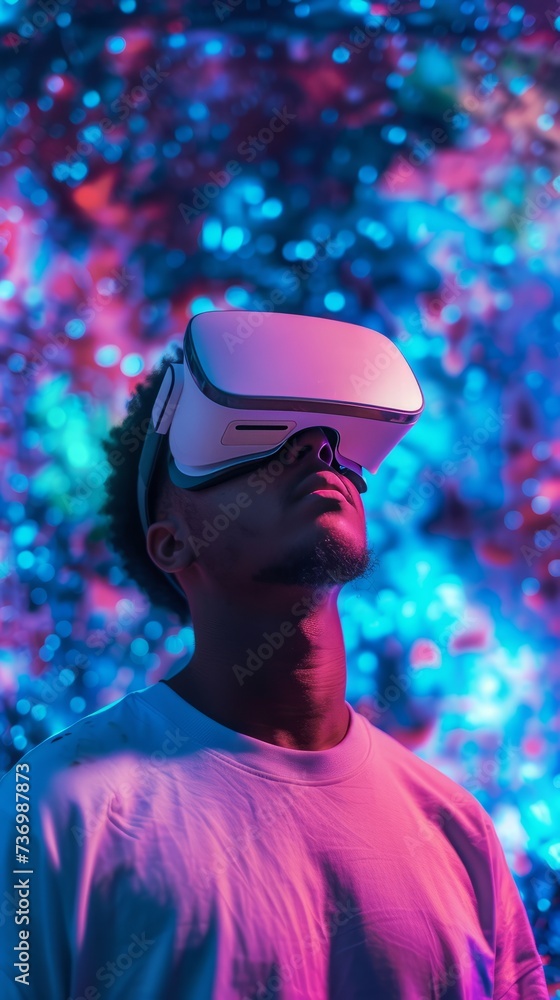 A man wearing virtuality glasses in a virtual world A man wearing virtuality glasses in a virtual world