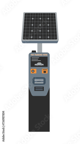 Self-pay parking meter with solar panel on top isolated on white background. Technology concept. Contactless payment concept. Payment for parking.
