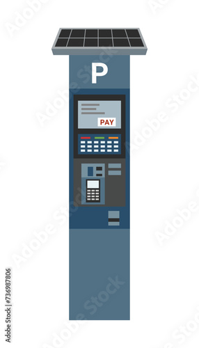 Self-pay parking meter with solar panel on top isolated on white background. Technology concept. Contactless payment concept. Payment for parking.