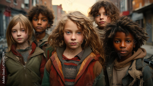 international street homeless children in an empty city with a girl leader, looking at the camera, poster