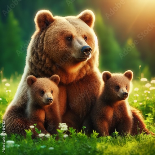 A mother brown bear, scientifically known as Ursus arctos, is seen on a lush green meadow accompanied by her two cubs. This wide panoramic image captures the wild mammal and her adorable offspring.