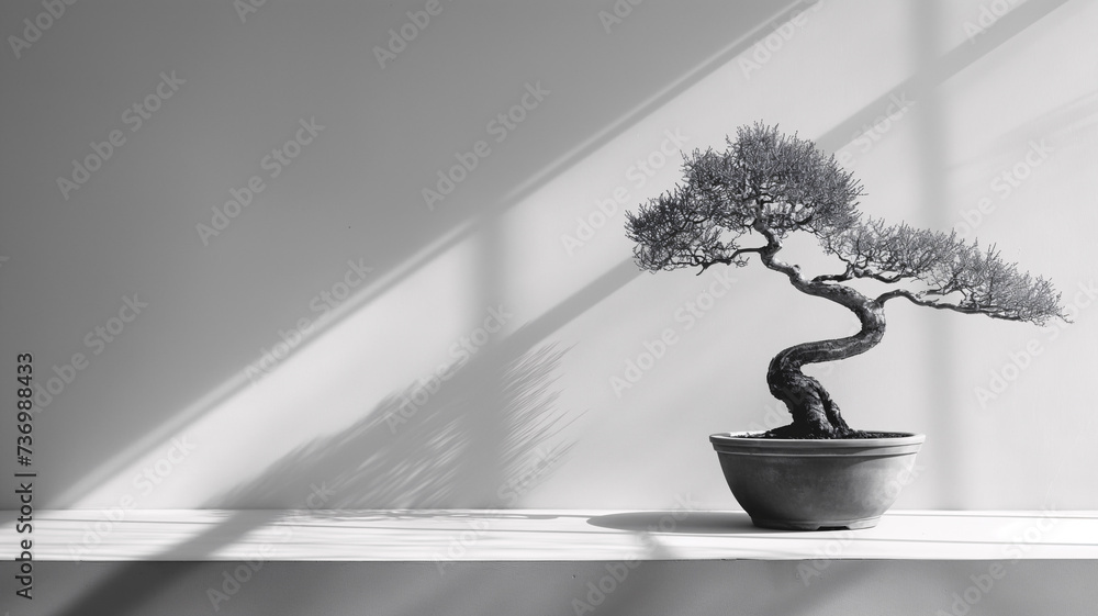 Fondo minimalista de un bonsai en primer plano sobre un fondo claro y liso - obrazy, fototapety, plakaty 
