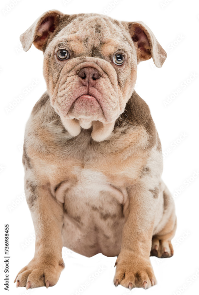 Obraz premium Adorable puppy, purebred Merle French Bulldog calmly sitting and looking isolated on transparent background. Smart cute pet. Concept of domestic animals, pet friend, care, vet, health