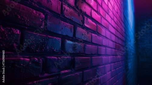Close-Up of Brick Wall with Pink and Blue Neon Lighting