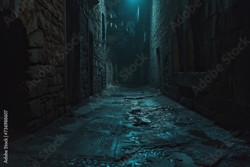 Midnight road or alley in a very old town. abandoned old area of town with stone or brick buildings. no street lights
