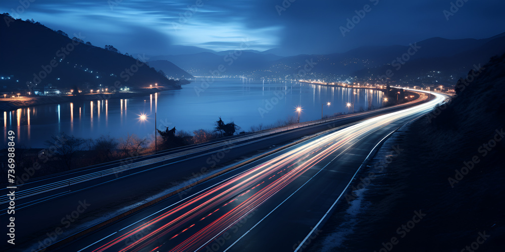 Long Exposure Photo of a Night Highway,Surreal Night Journey Long Exposure Highway.