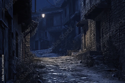 Midnight road or alley in a very old town. abandoned old area of town with stone or brick buildings. no street lights