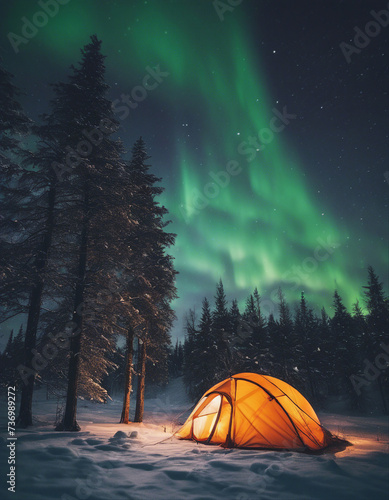 modern camping tent and northern lights landscape in winter, long exposure technique