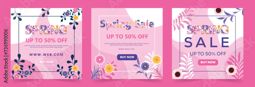 Spring Sale White Pink Purple Floral Background With Beautiful Square Banner, Poster,  Set Design