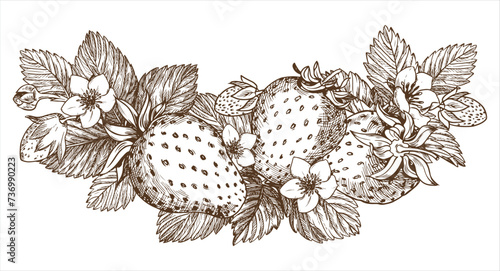 Sketch of a strawberry bush. Berries, flowers, branches and leaves on a white background. Vector, linear illustration in the style of an old engraving. Images for packaging herbal tea, jam.