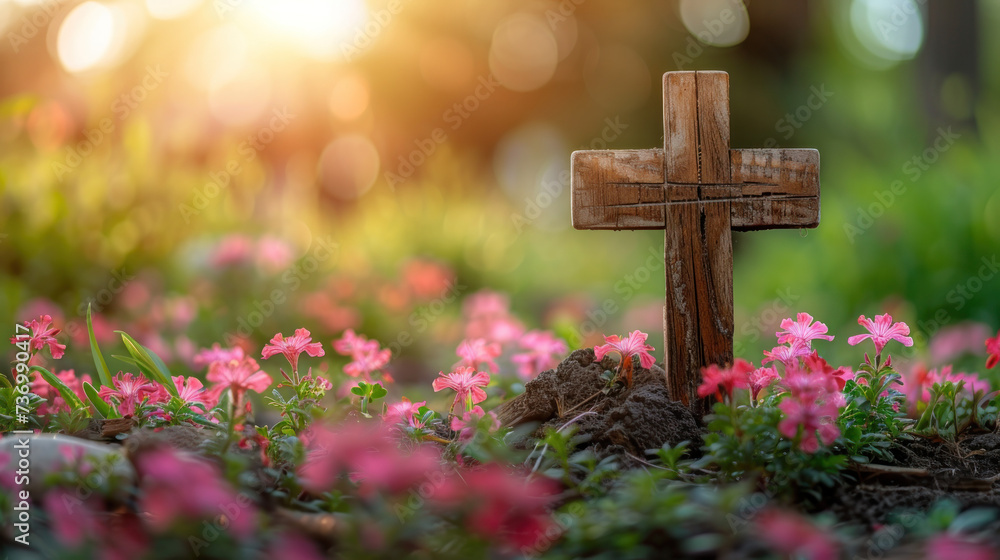 Wooden Cross on Lush Green Field Wooden Cross on Lush Green Field