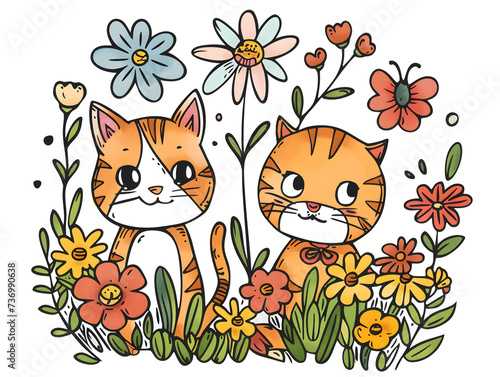 Illustration of two kittens on a flower meadow and on a white background in hand-drawing style © Kot69