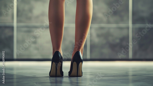 Womans Legs in High Heels Standing in Front of Tiled Wall photo