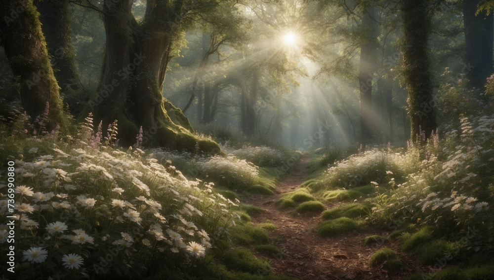 Tranquil spring sunset in a blooming forest. Spring landscapes series. Tranquil spring sunset in a blooming forest. Spring landscapes series.
