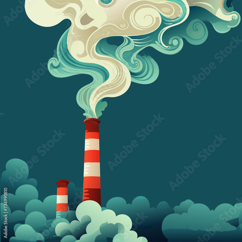 Curve exhaust from chimney of plant, industry smoke. Industrial building. Environmental pollution from harmful emissions. Vector ai illustration