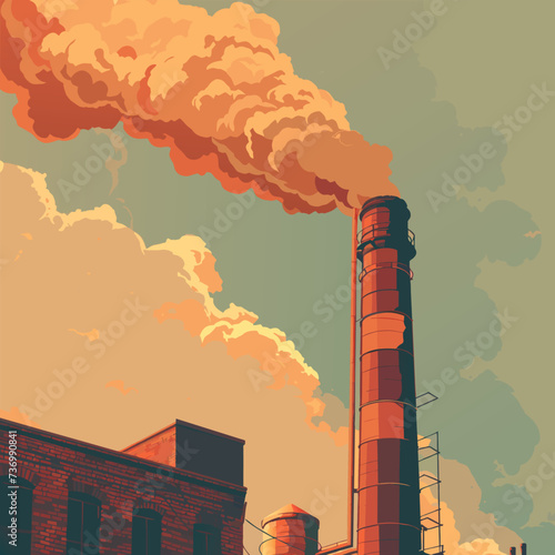 Exhaust from chimney of plant, industry smoke in city. Industrial building. Environmental pollution from harmful emissions. Vector ai illustration