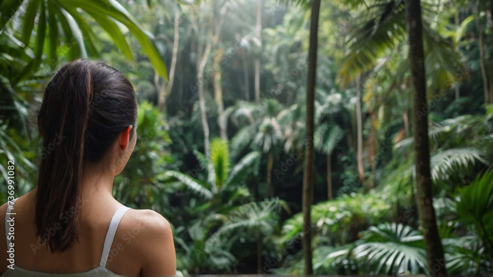 Back view of beautiful natural beautiful women enjoying view of tropical rainforest. Concept of wellbeing, mindfulness and connection with nature. Back view of beautiful natural beautiful women enjoying view of tropical rainforest. Concept of wellbeing, mindfulness and connection with nature.