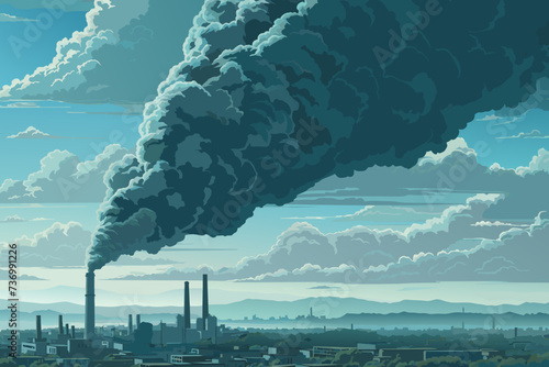 Exhaust from chimney of plant, industry smoke in city. Industrial city scape. Environmental pollution from harmful emissions. Vector ai illustration