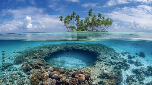 The reef ring, lagoon, and motu on Makemo Atoll, Tuamotus Archipelago, French Polynesia, France, South Pacific were covered in palm trees. photo