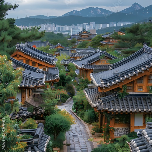 Traditional Korean Hanok Village with Scenic Mountain Backdrop