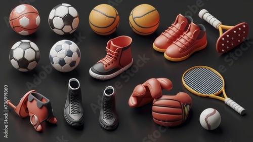 sport 3D vector icon set. Tennis racket, table tennis, American football, soccer shoes, boxing gloves, basketball backboard, and basketball photo