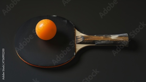 table tennis racket with orange ball on black table. black background. black tones photo